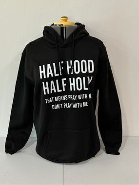 SHEIN Half Hood Half Holy Black Graphic Hoodie Size Large